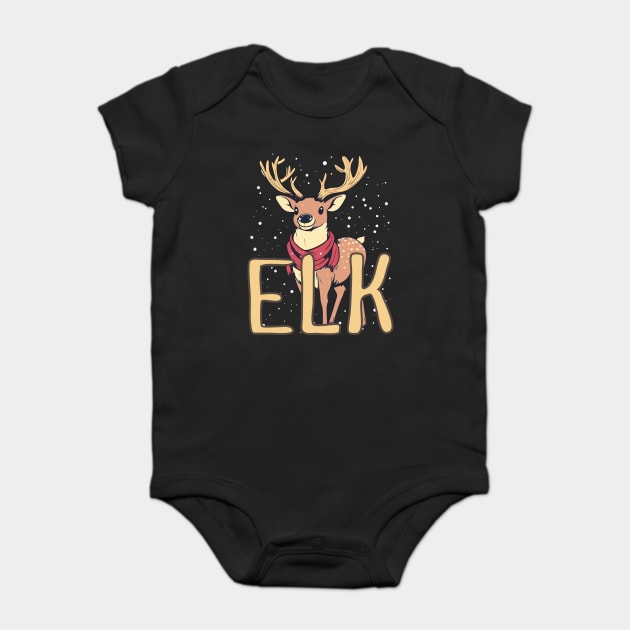 Cute Elk in Winter Scarf Illustration with Snowfall Baby Bodysuit by TuncGK